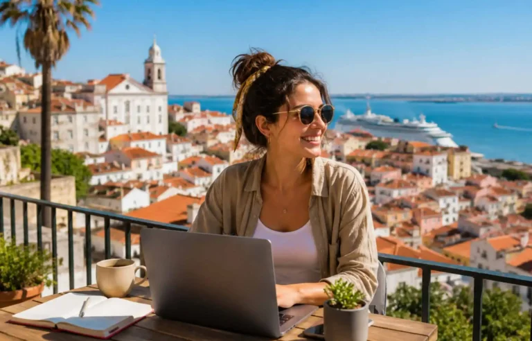 Digital nomad woman working on a laptop with a sunny Lisbon city and coastal view behind her.