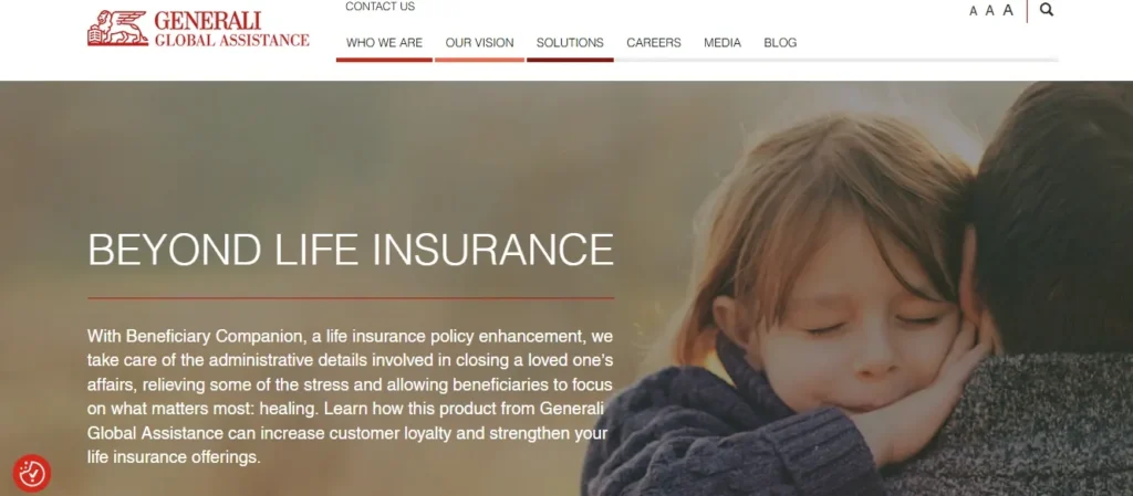 Generali Global Assistance homepage with family protection banner.