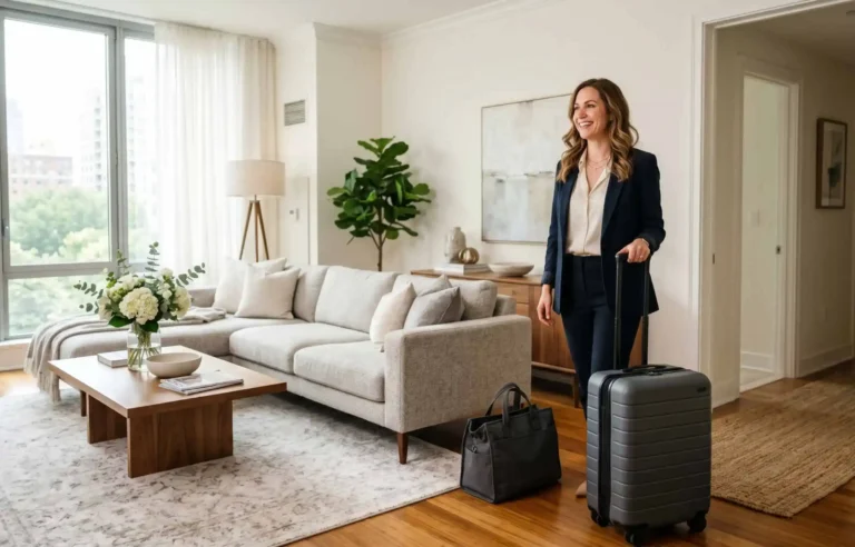 Happy woman with luggage entering a bright temporary housing living room.