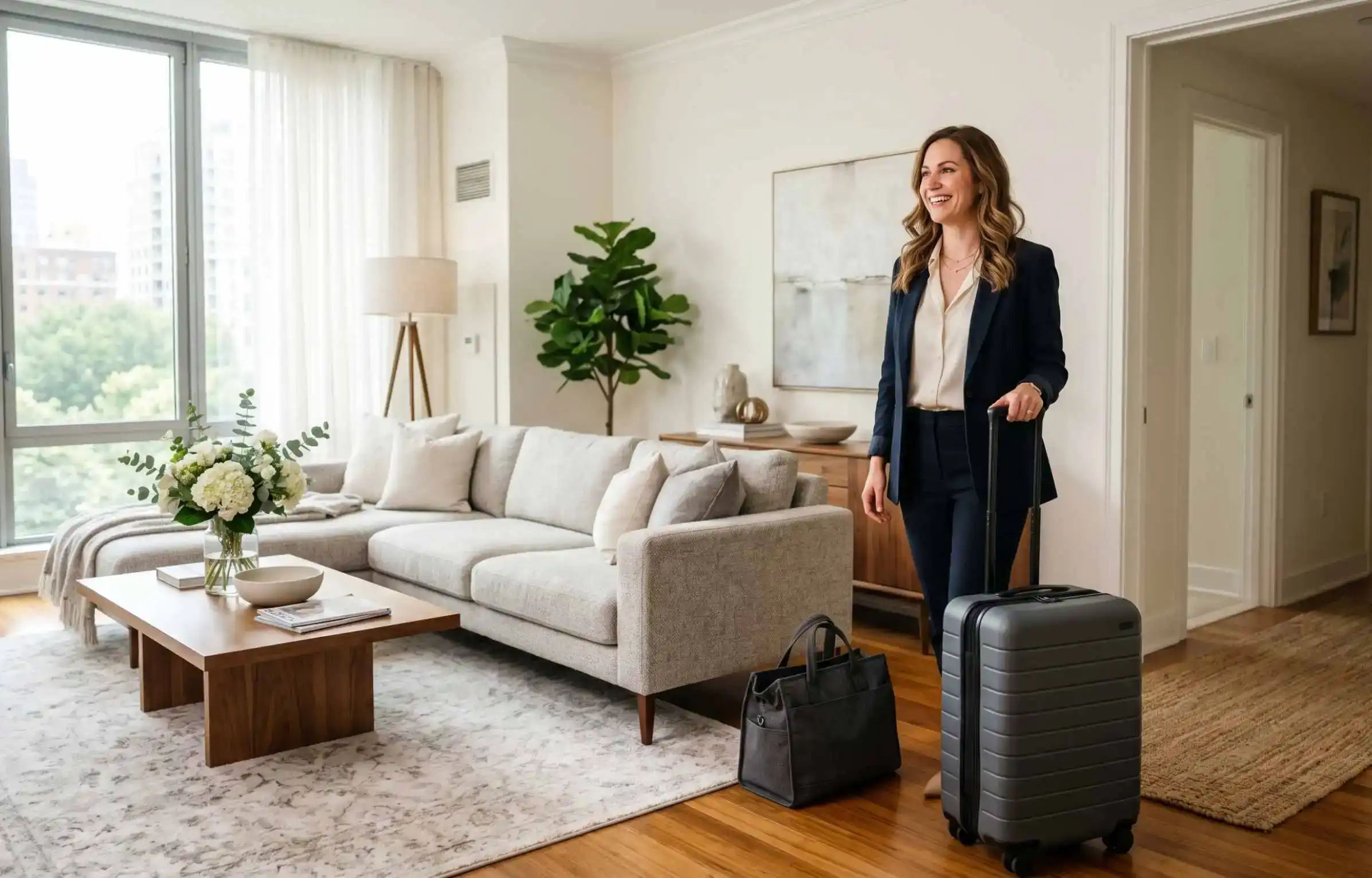 Happy woman with luggage entering a bright temporary housing living room.