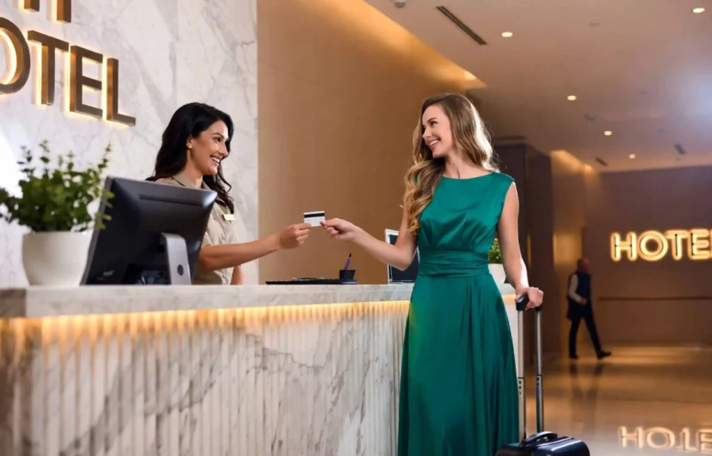Hotel guest using the best hotel credit card while checking in for an extended stay.