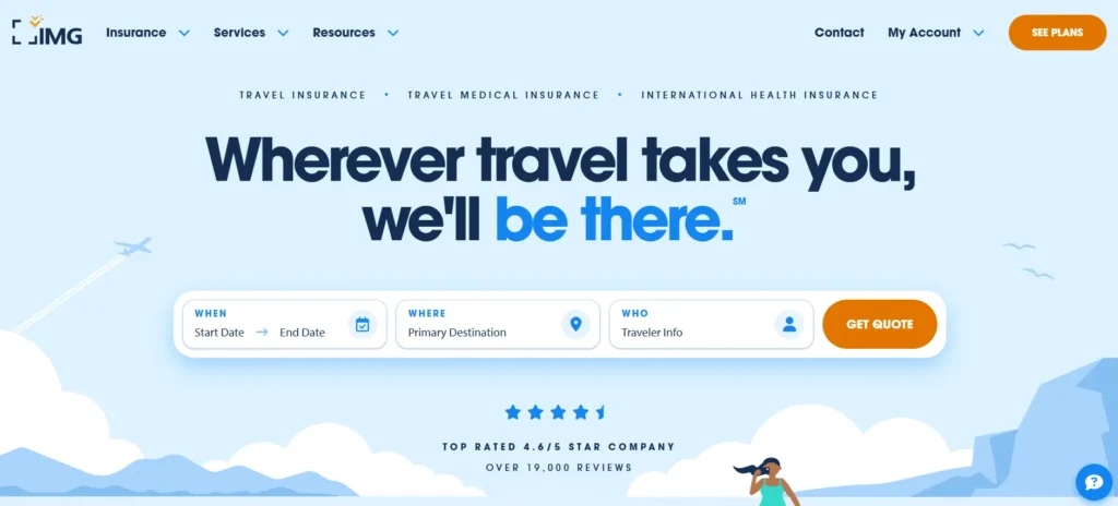 IMG Travel Insurance homepage with quote form and travel coverage banner.