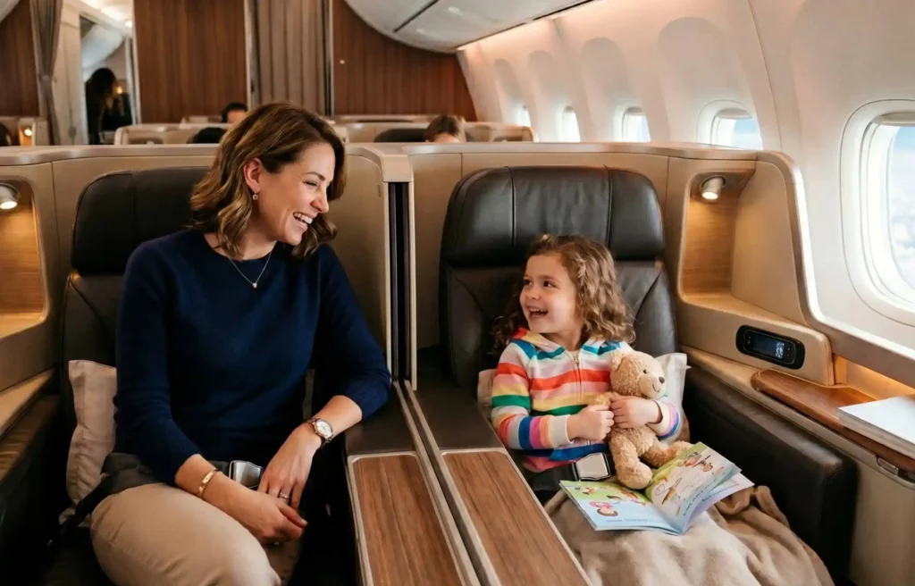 Mother and child in first class cabin, showing how to fly first class with kids on points.