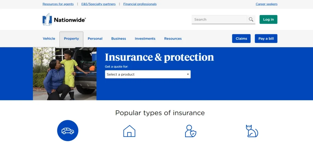 Nationwide Insurance homepage showing insurance and protection options.