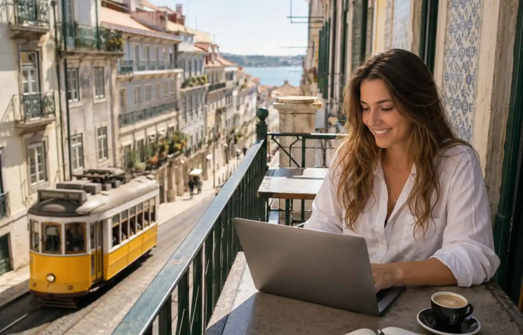 Remote worker using a laptop on a Lisbon balcony with a yellow tram behind her, lisbon vs porto.
