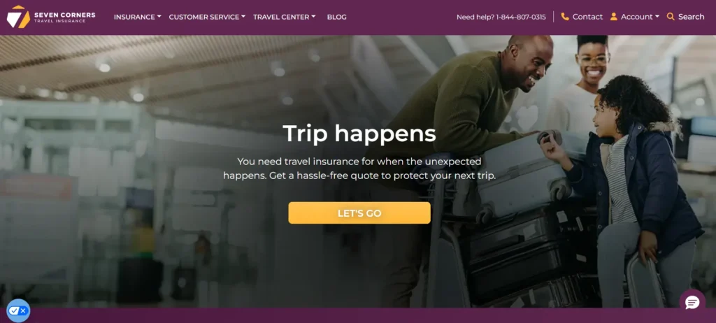 Seven Corners Travel Insurance homepage with family travel quote banner.