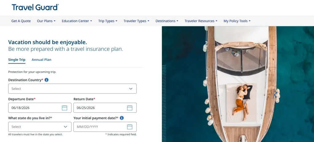 Travel Guard homepage with single trip travel insurance quote form.