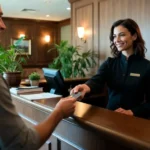 Traveler checking into a hotel reception while using reward points for a discounted stay.