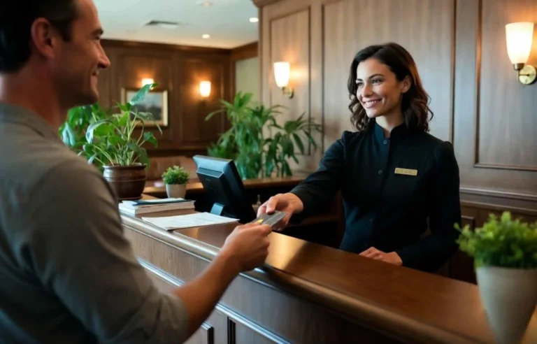 Traveler checking into a hotel reception while using reward points for a discounted stay.