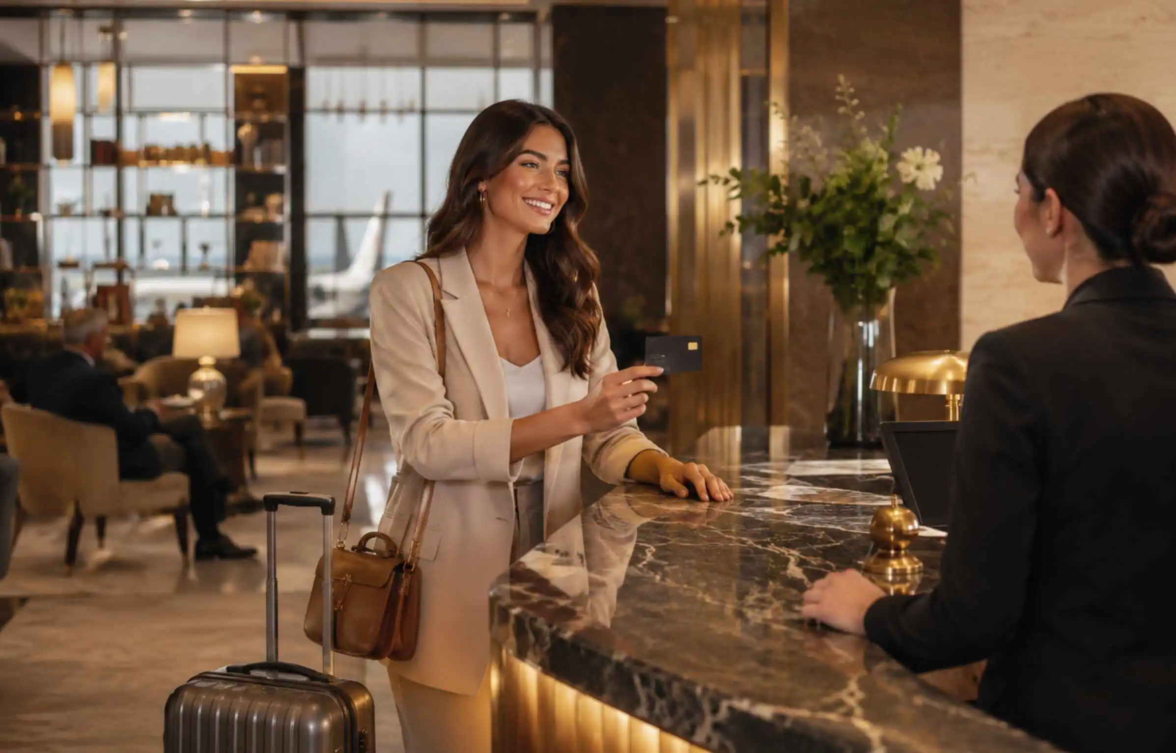 Traveler showing a credit card at a luxury airport lounge counter.