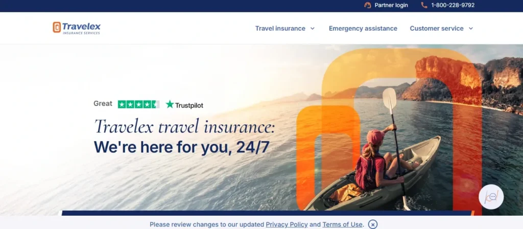 Travelex Insurance Services homepage with 24/7 travel insurance support.