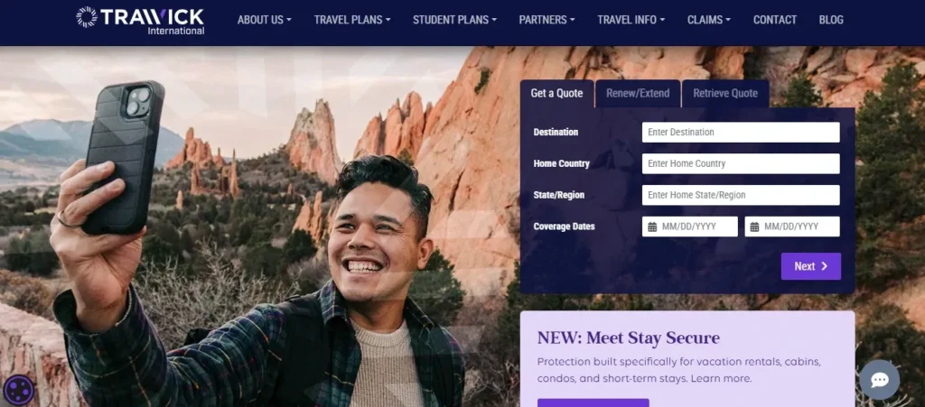 Trawick International homepage with travel insurance quote form.