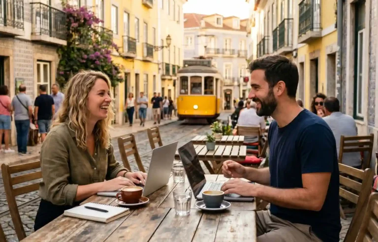 Two remote workers using laptops at an outdoor cafe on a Lisbon street with a yellow tram behind them.