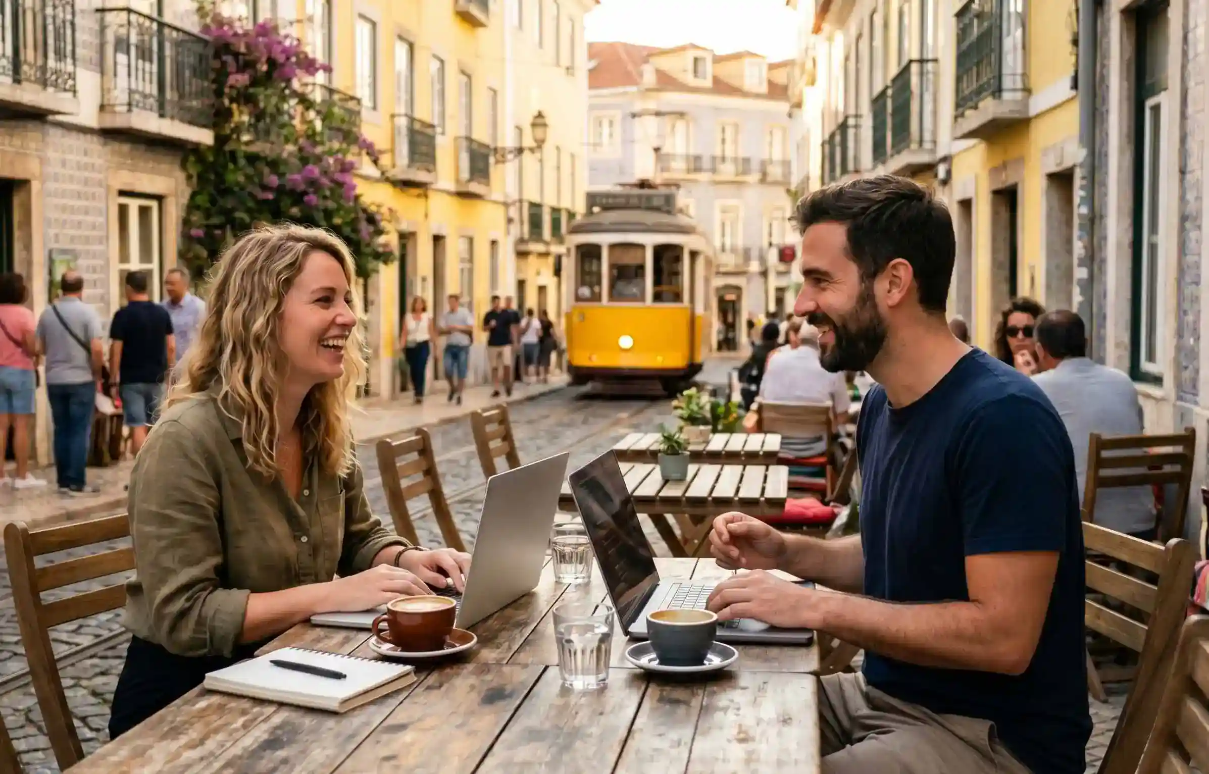 Two remote workers using laptops at an outdoor cafe on a Lisbon street with a yellow tram behind them.
