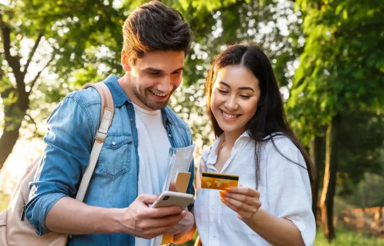 Two students outdoors are reviewing a phone and a credit card.