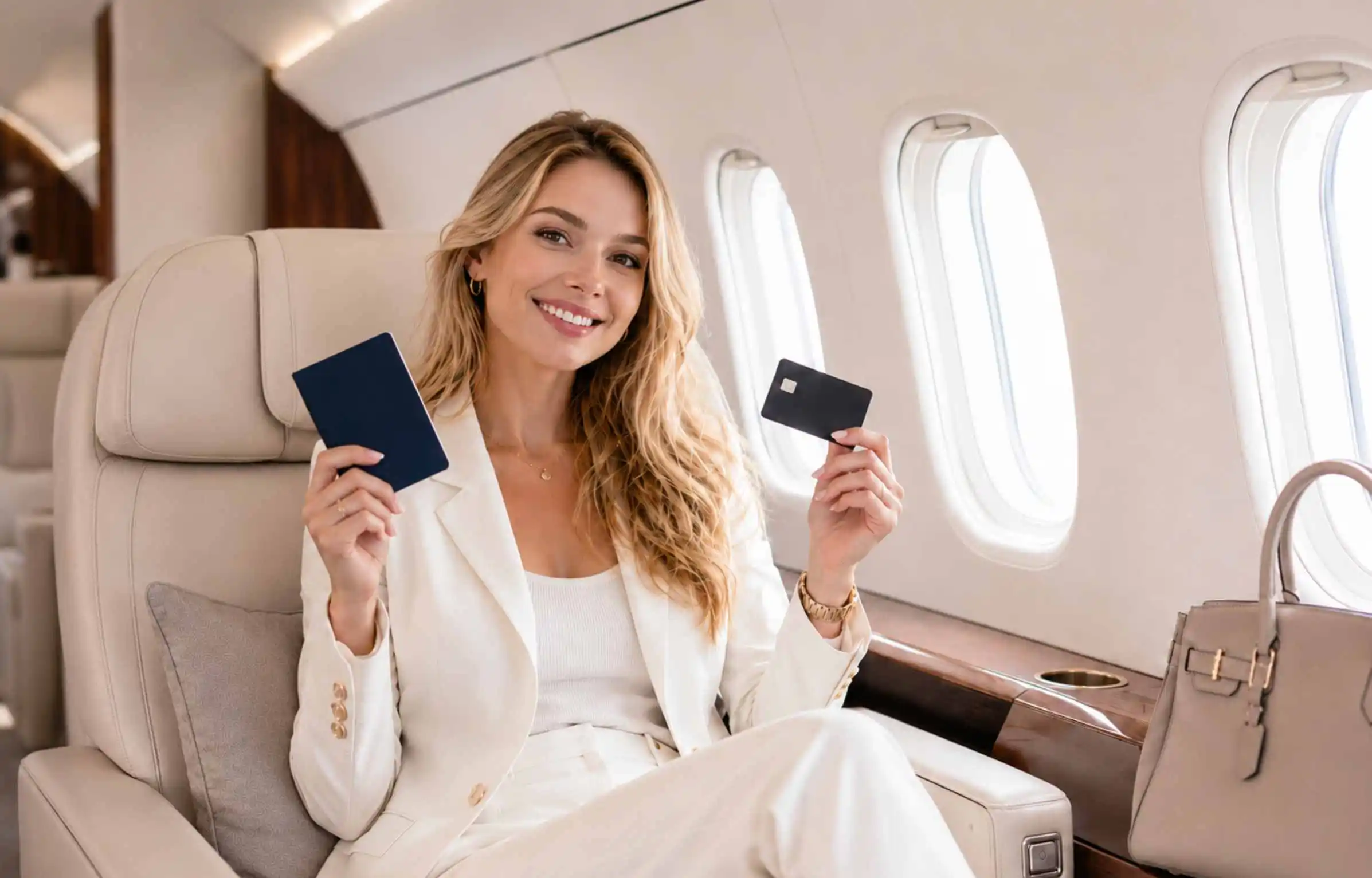 A woman holding a passport and a credit card in a luxury airplane seat.