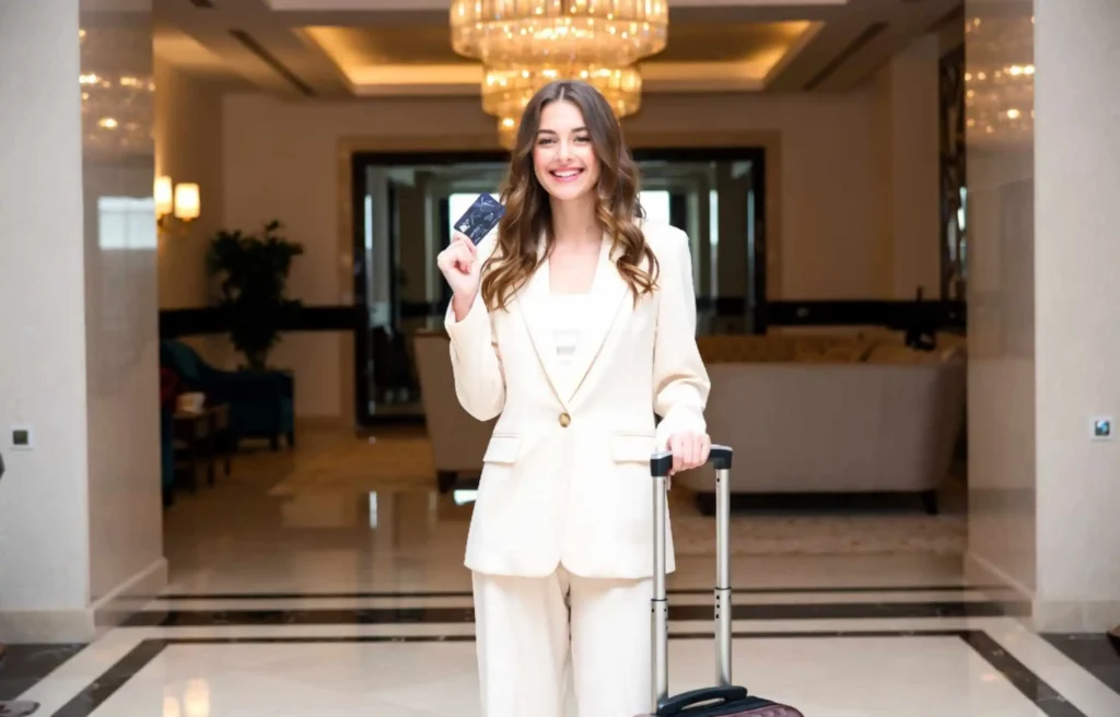 A woman with a suitcase using a capital one credit card bonus offers in a luxury hotel lobby.