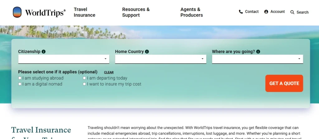 WorldTrips travel insurance homepage with trip quote form.