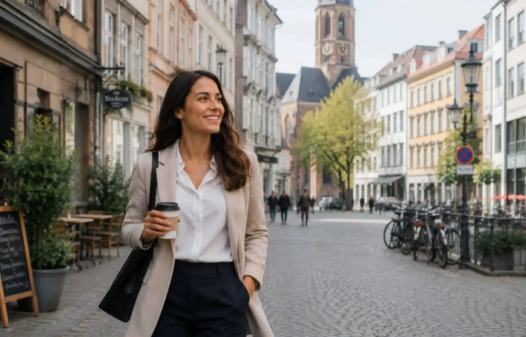 Businesswoman smiling while walking through a European city street, the best countries for AI jobs.