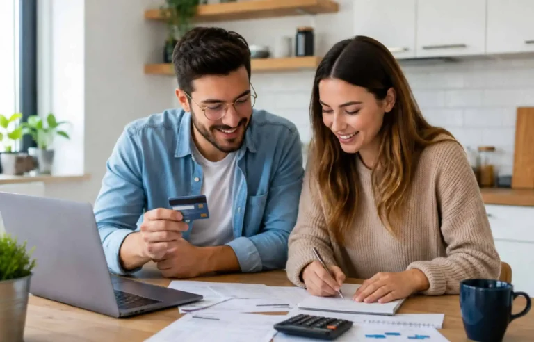 Couple calculating home expenses with a credit card in the kitchen.