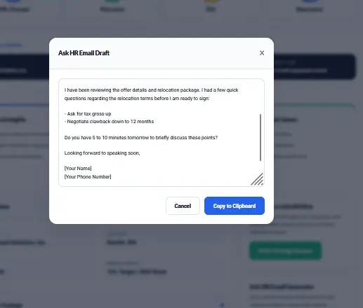 HR email draft generator for relocation offer negotiation questions.