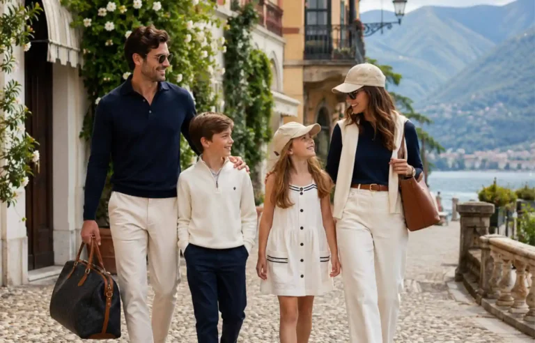 Happy family walking with luggage in a scenic Italian lakeside town.