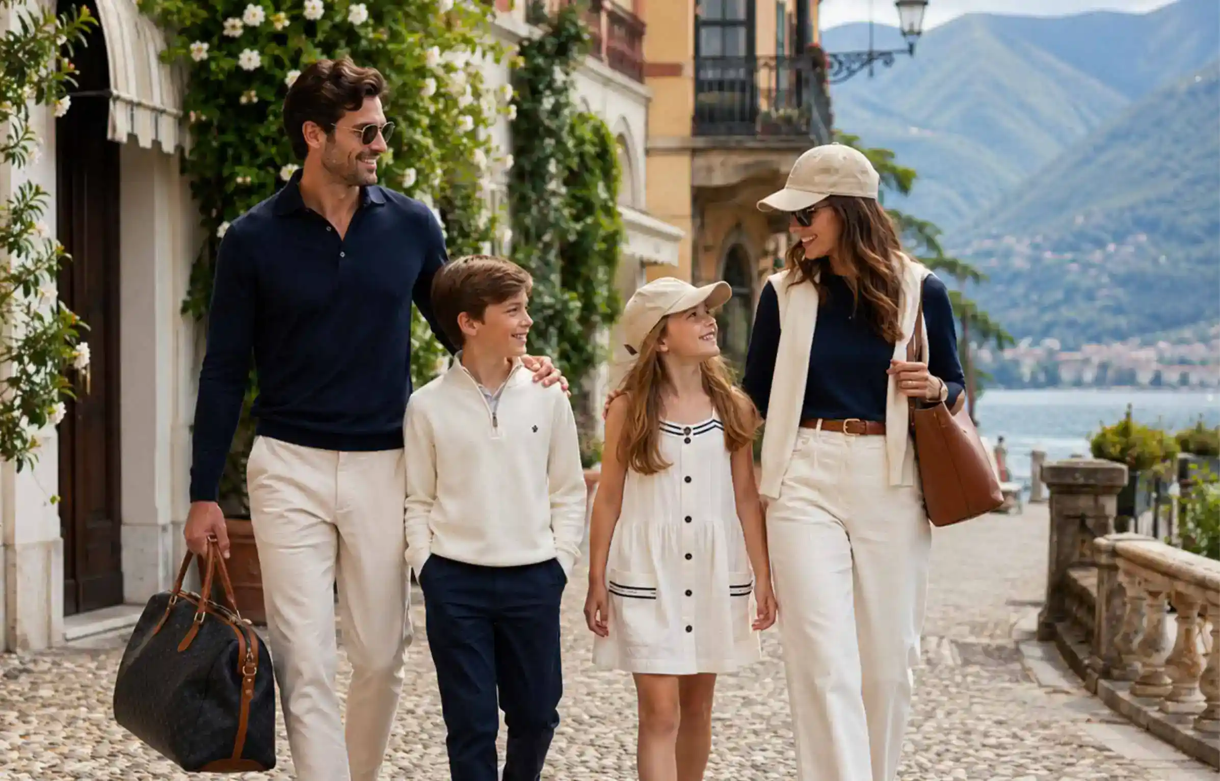 Happy family walking with luggage in a scenic Italian lakeside town.