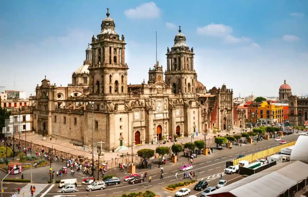 Mexico City Metropolitan Cathedral overlooking the busy Zócalo area.