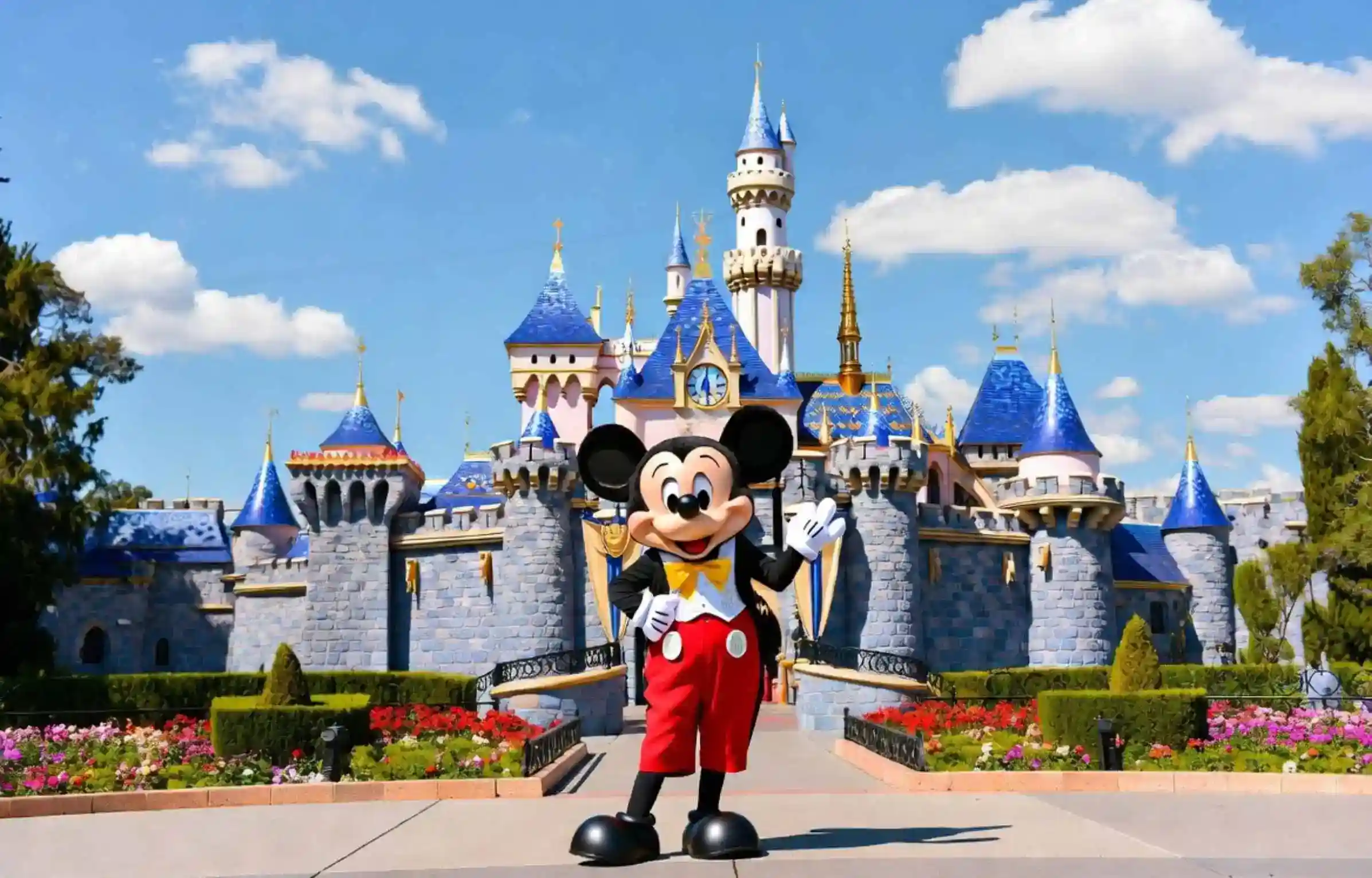 Mickey Mouse waving in front of Sleeping Beauty Castle at Disneyland.