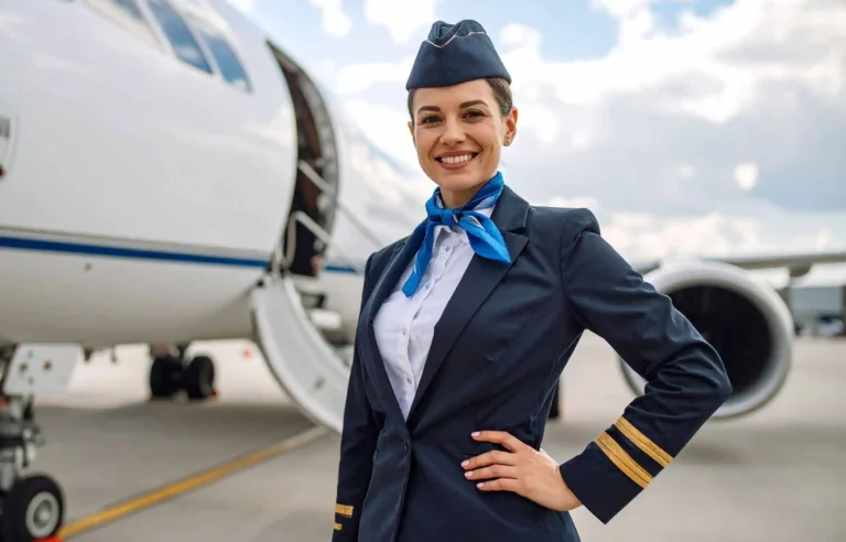 Smiling flight attendant standing beside an airplane before boarding.