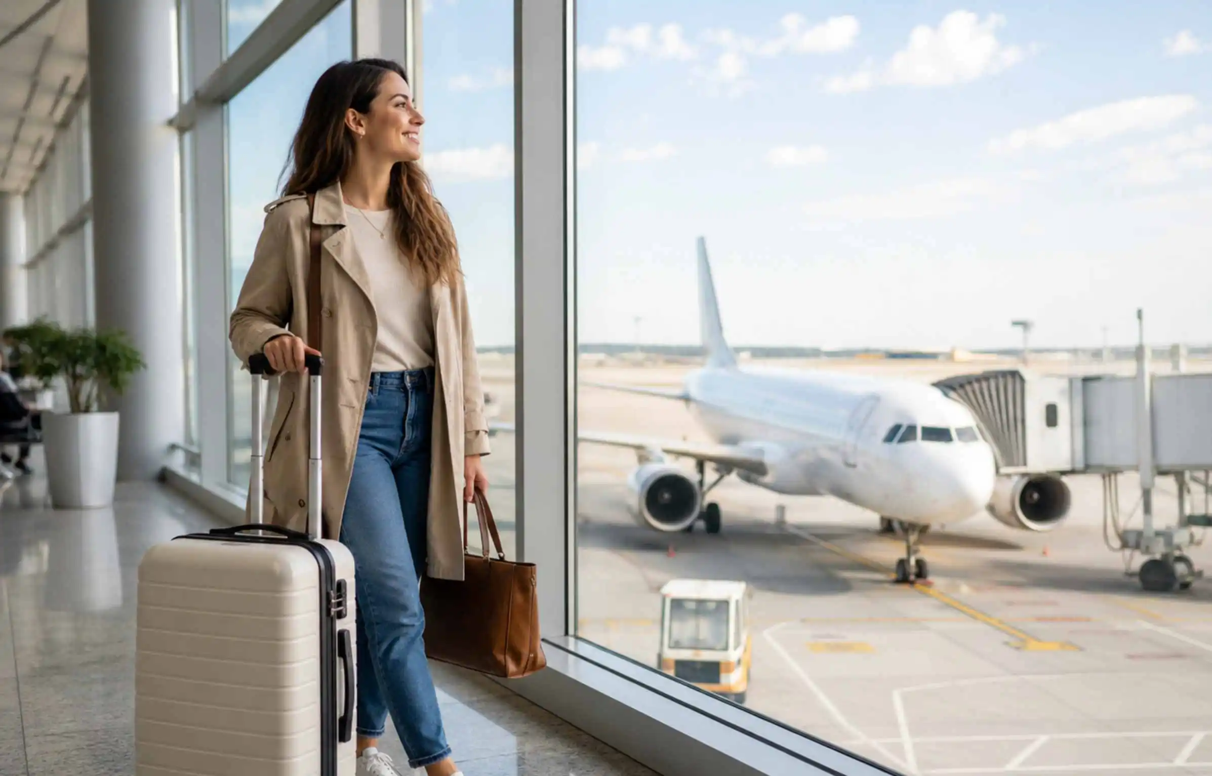 A smiling woman with a suitcase is looking at an airplane through a large airport window.