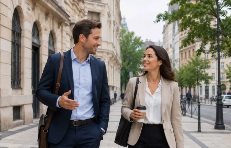 Two business colleagues are smiling as they walk down a European city street.
