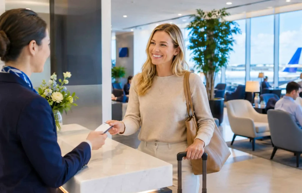 Woman checking in at an airport lounge access counter with friendly staff