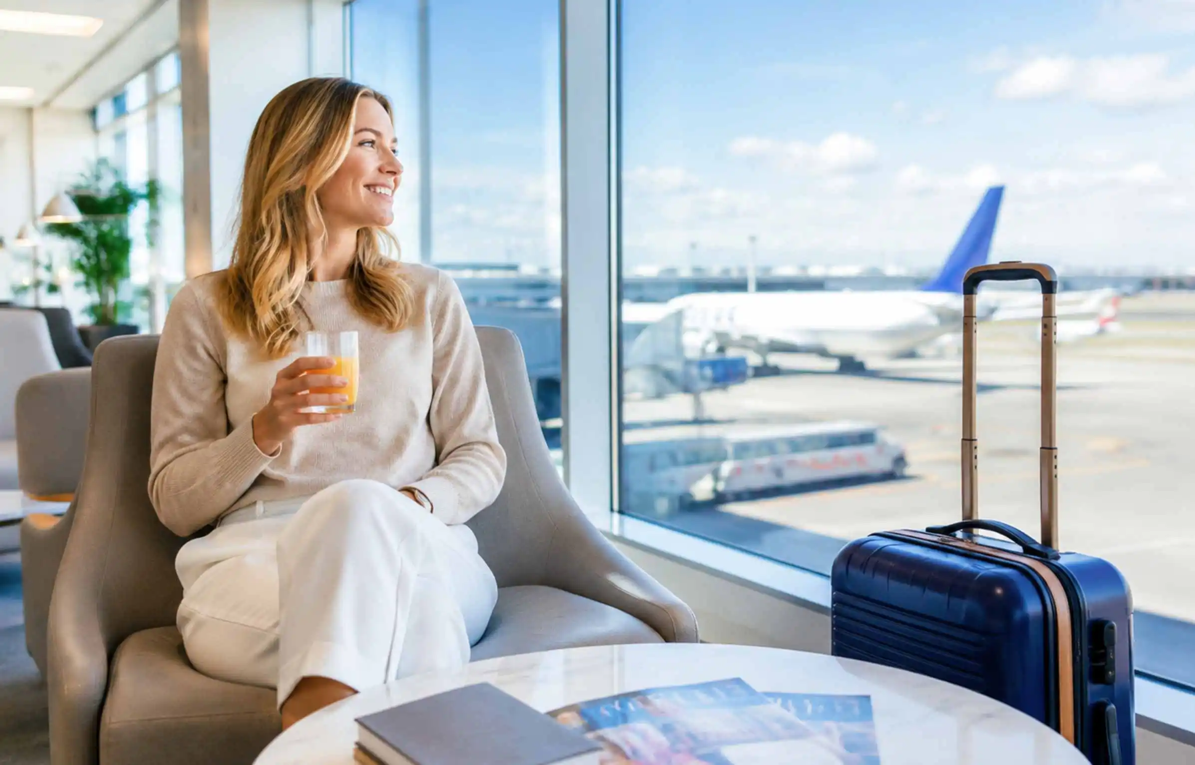 Woman relaxing in an airport lounge with juice, luggage, and runway view.