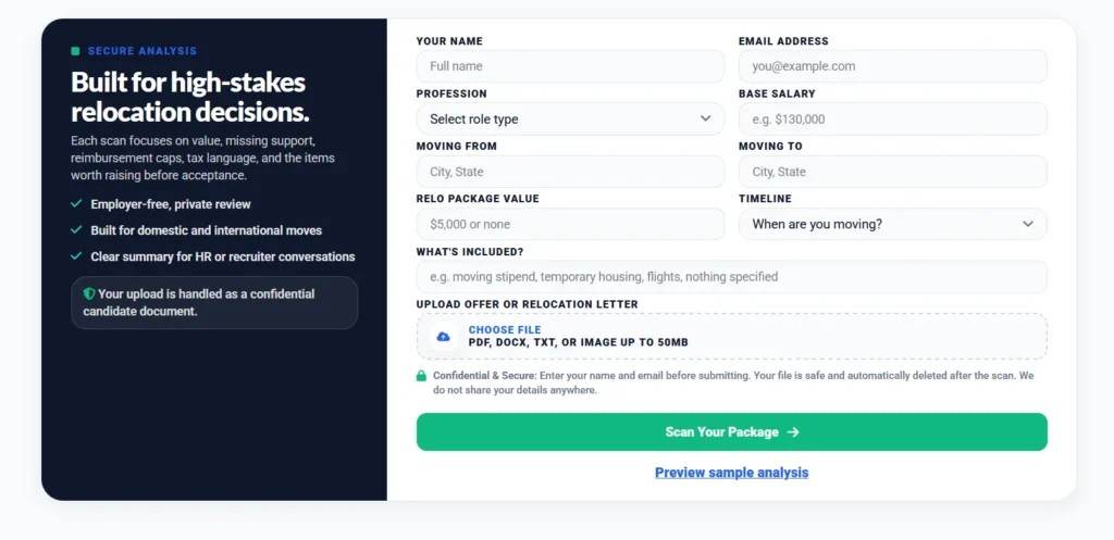 Job offer analyzer secure upload form for relocation package revie
