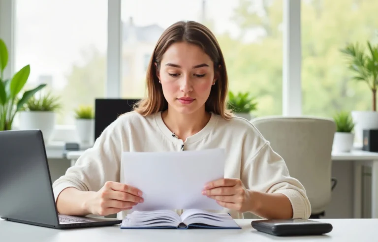 Employee reviewing a relocation offer document at a desk with a laptop and calculator.