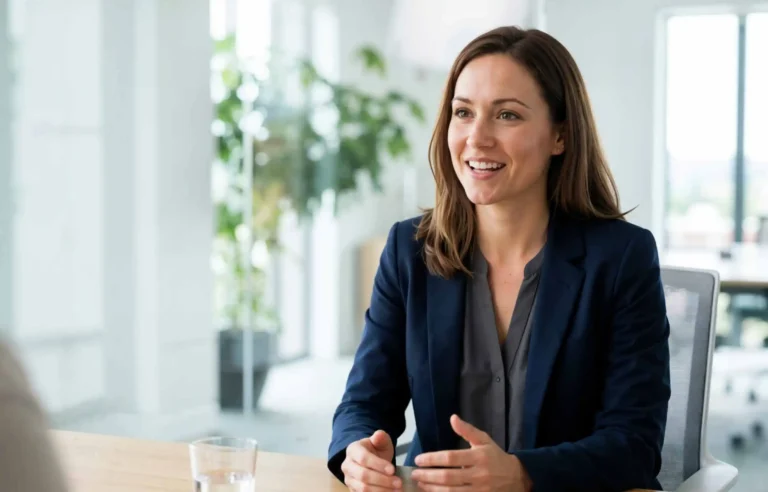 HR representative speaking with a job candidate during a relocation package discussion.