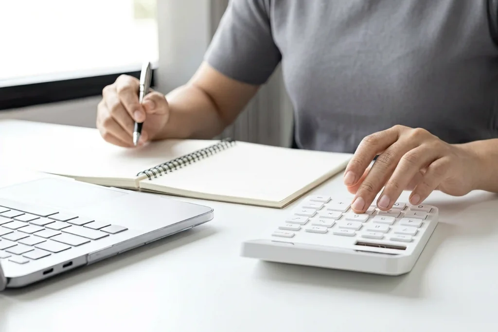 Person calculating relocation bonus tax beside a laptop while taking notes in a notebook.