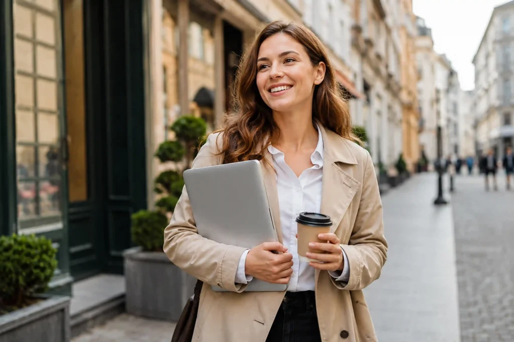 Smiling professional carrying a laptop and coffee after moving from Boston to Austin.