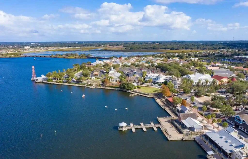 The Villages, Florida lakeside retirement community and marina from above.