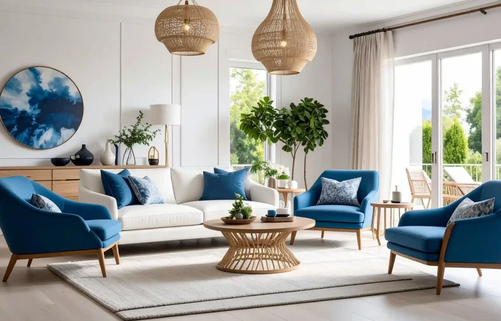 Bright travel nurse housing with blue chairs, a white sofa, large windows, and modern decor.