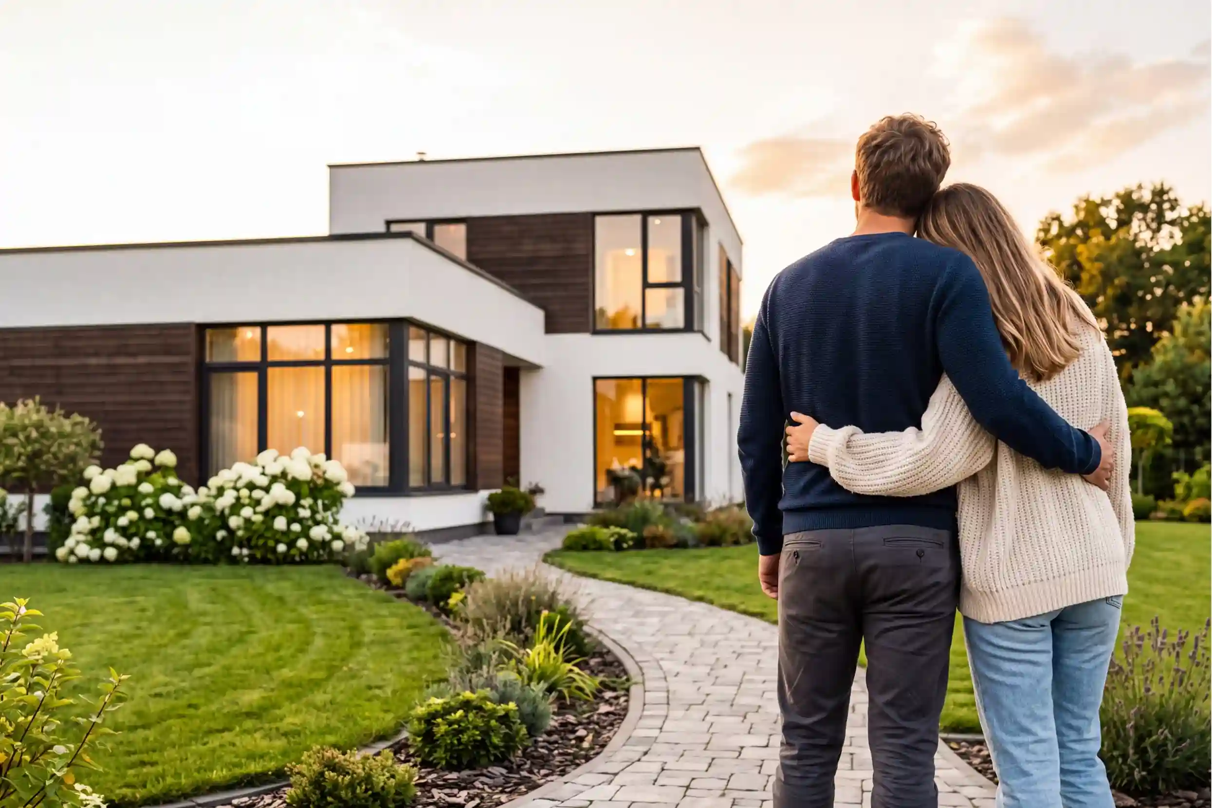 Couple standing outside a modern home while planning a relocation and new home purchase.