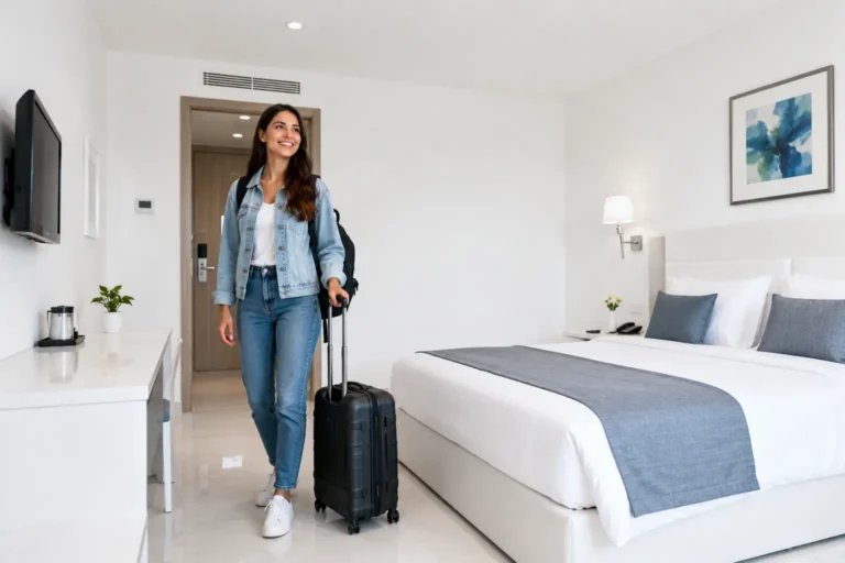 International student arriving at modern accommodation with luggage in a bright furnished bedroom.