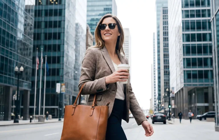 Professional woman walking through a downtown business district while holding coffee and a work bag.