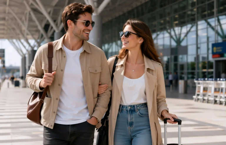 Smiling couple walking with luggage outside an airport terminal.