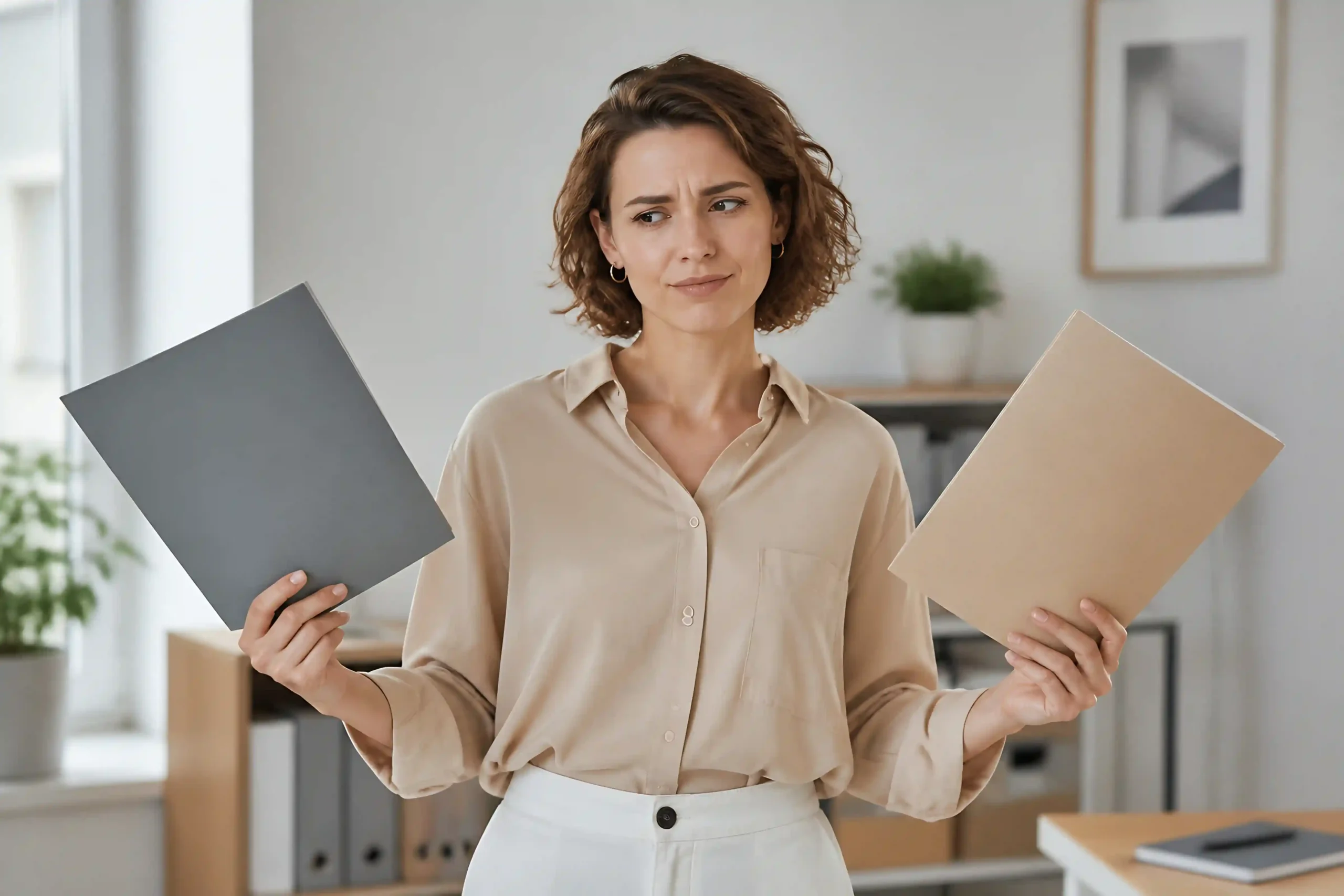 Woman comparing two job offer folders while considering her career options.