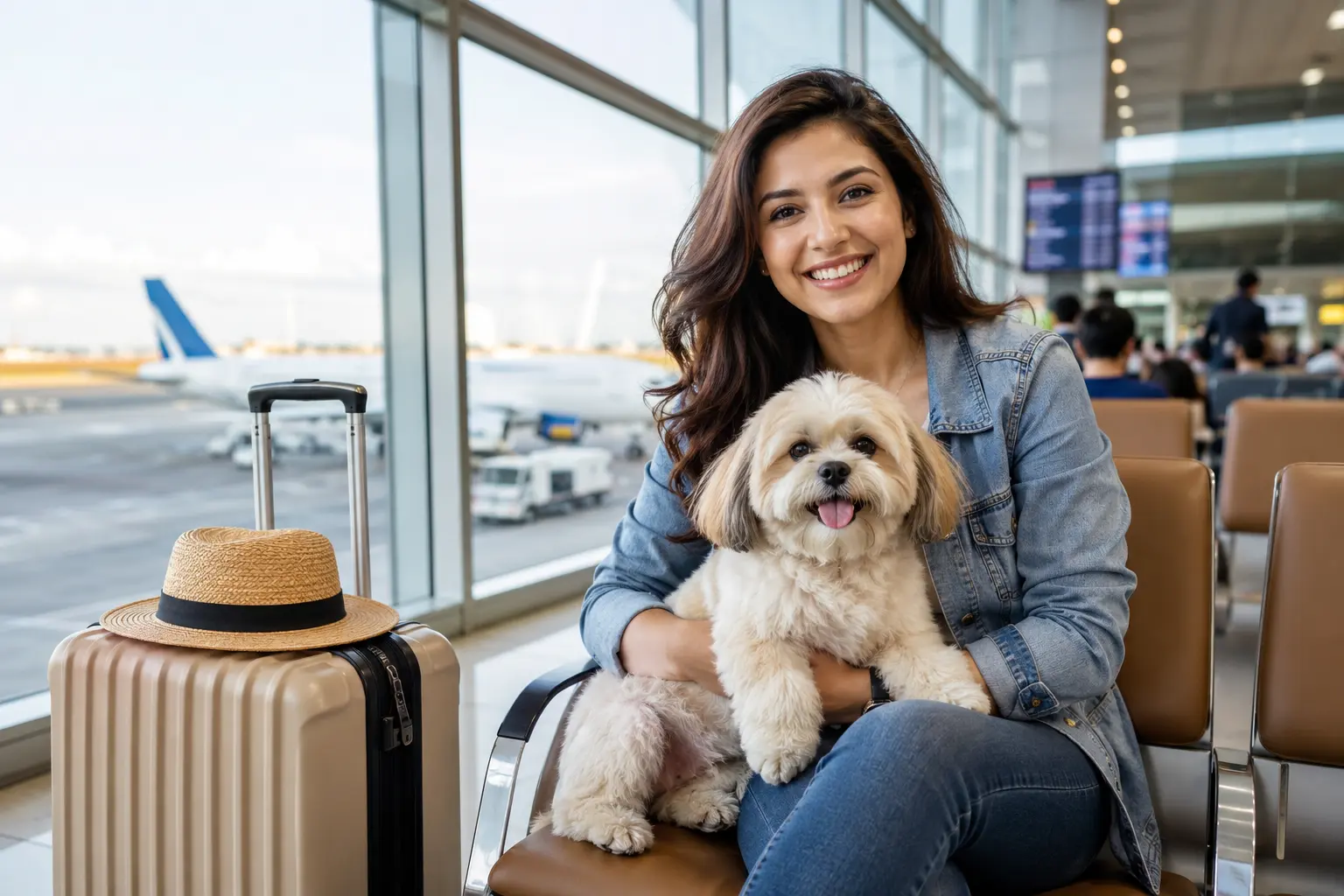 Woman moving with pets waits at an airport with her small dog and suitcase.