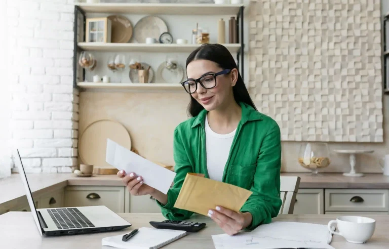 Woman reviewing documents to download before moving abroad, including financial records.