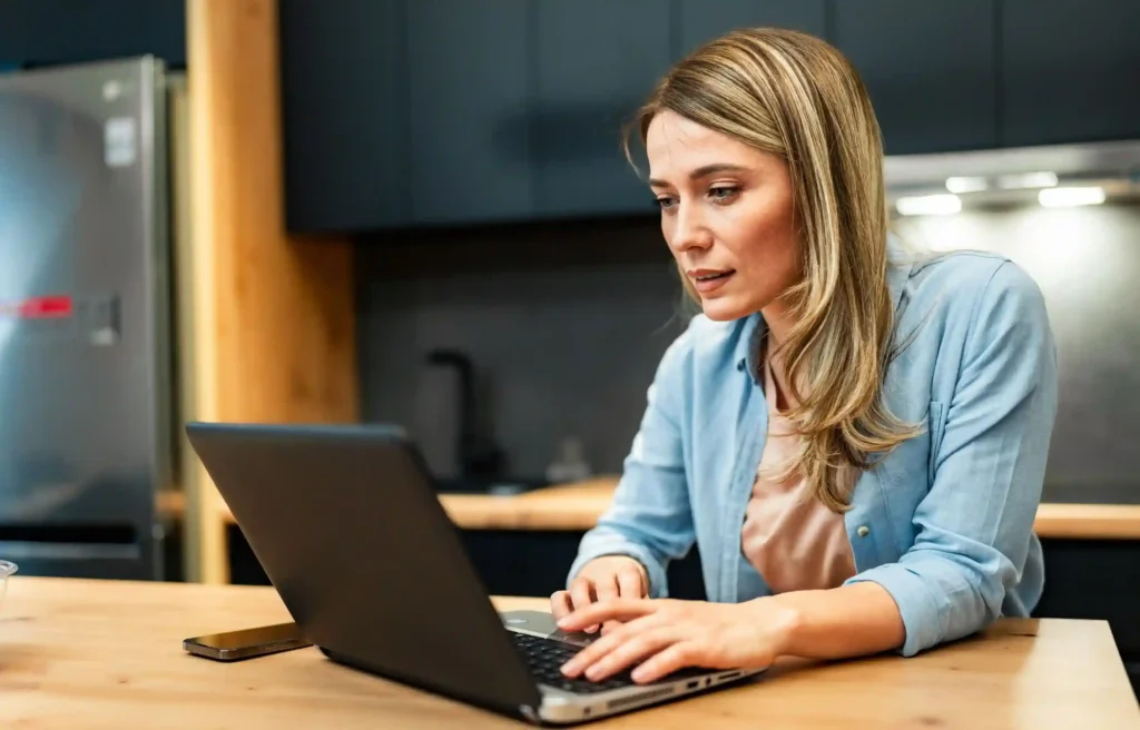 Woman using a laptop to compare equity compensation and relocation costs before moving.