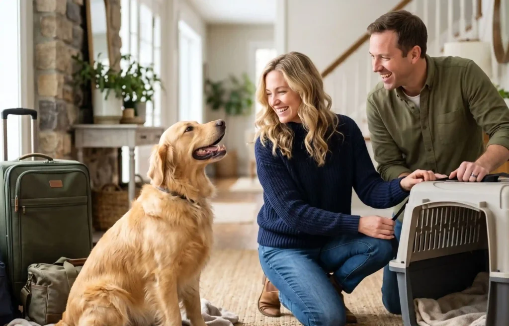 After moving with pets, a couple settles into a pet-friendly home with their golden retriever.